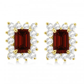 Emerald-Cut Garnet & Diamond Stud Earrings 14k Yellow Gold (1.80ctw)