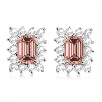 Emerald-Cut Morganite & Diamond Stud Earrings 14k White Gold (1.80ctw)