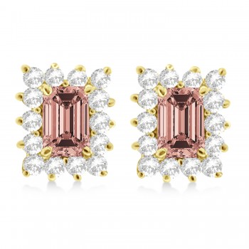 Emerald-Cut Morganite & Diamond Stud Earrings 14k Yellow Gold (1.80ctw)