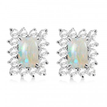 Emerald-Cut Opal & Diamond Stud Earrings 14k White Gold (1.80ctw)