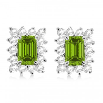 Emerald-Cut Peridot & Diamond Stud Earrings 14k White Gold (1.80ctw)