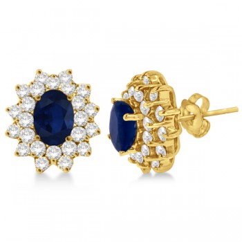 Diamond & Oval Cut Blue Sapphire Earrings 14k Yellow Gold (3.00ctw)