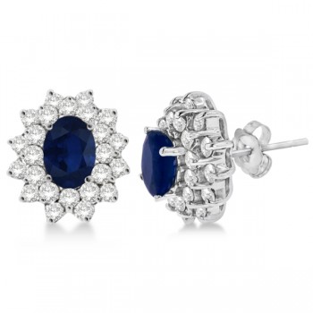 Diamond & Oval Cut Blue Sapphire Earrings 14k White Gold (3.00ctw)