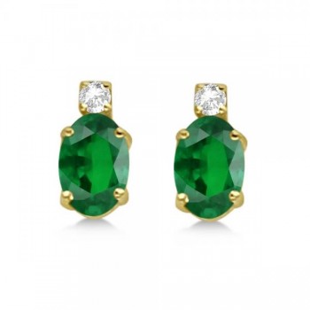 Oval Emerald Stud Earrings with Diamonds 14k Yellow Gold 0.43ct