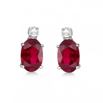 Oval Ruby Stud Earrings with Diamonds 14k White Gold 0.43ct
