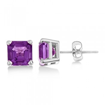 Asscher Cut Amethyst Basket Stud Earrings 14k White Gold (2.10ct)