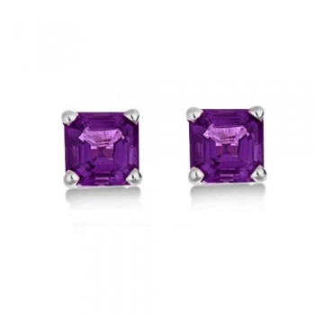 Asscher Cut Amethyst Basket Stud Earrings 14k White Gold (2.10ct)