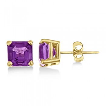 Asscher Cut Amethyst Basket Stud Earrings 14k Yellow Gold (2.10ct)