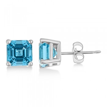 Asscher Cut Blue Topaz Basket Stud Earrings 14k White Gold (2.70ct)