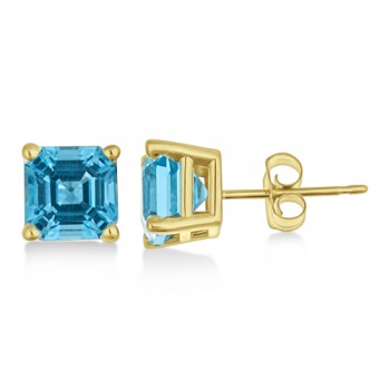 Asscher Cut Blue Topaz Basket Stud Earrings 14k Yellow Gold (2.70ct)