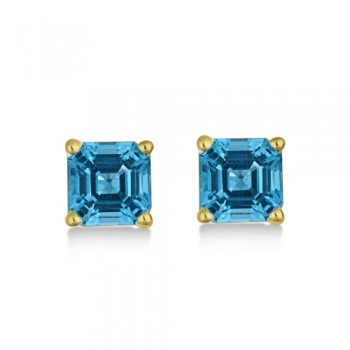 Asscher Cut Blue Topaz Basket Stud Earrings 14k Yellow Gold (2.70ct)