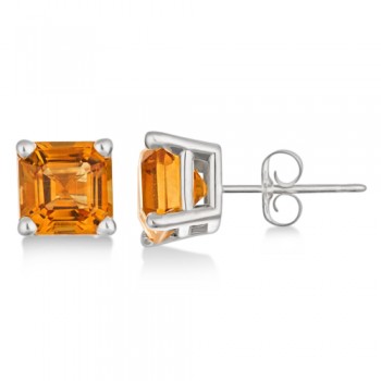 Asscher Cut Citrine Basket Stud Earrings 14k White Gold (2.10ct)