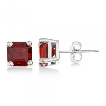 Asscher Cut Garnet Basket Stud Earrings 14k White Gold (2.70ct)