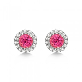 Halo Pink Tourmaline & Diamond Stud Earrings 14k White Gold (0.65ct)