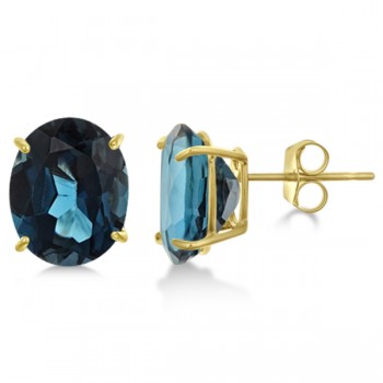 London Blue Topaz Stud Earrings 10x8mm 14k Yellow Gold 6.40ct