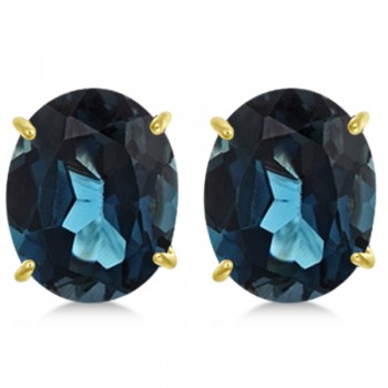 London Blue Topaz Stud Earrings 10x8mm 14k Yellow Gold 6.40ct