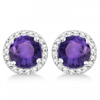 Amethyst & Diamond Halo Stud Earrings in Sterling Silver 2.27ct