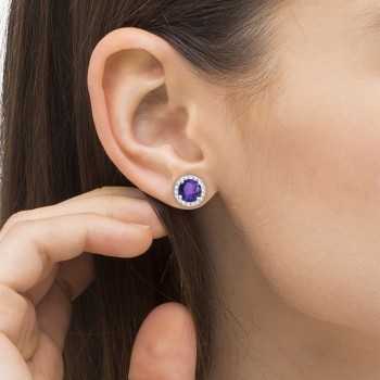 Amethyst & Diamond Halo Stud Earrings in Sterling Silver 2.27ct