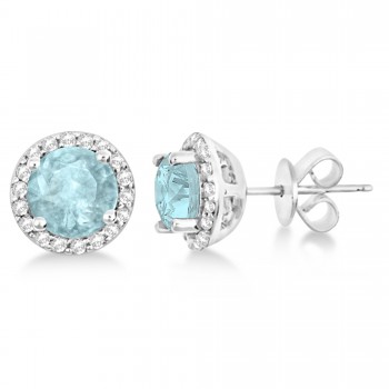 Aquamarine & Diamond Halo Stud Earrings in Sterling Silver 2.27ct