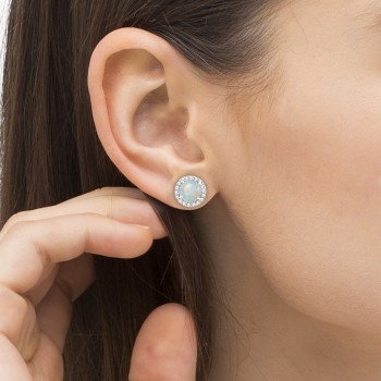 Opal & Diamond Halo Stud Earrings in Sterling Silver 2.27ct