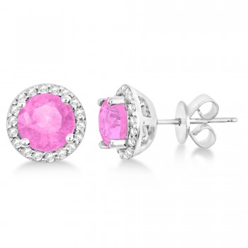 Lab Pink Sapphire & Lab Grown Diamond Halo Stud Earrings in Sterling Silver 2.27ct