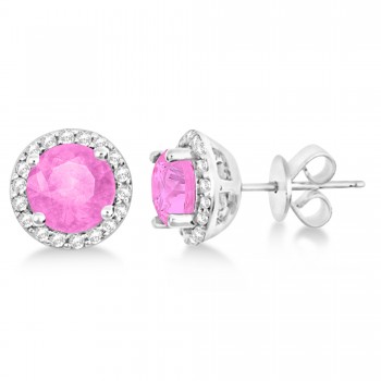 Pink Sapphire & Diamond Halo Stud Earrings in Sterling Silver 2.27ct
