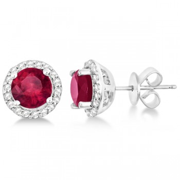 Ladies Ruby & Diamond Halo Stud Earrings in Sterling Silver 2.27ct