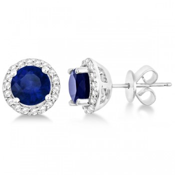 Blue Sapphire & Diamond Halo Stud Earrings in Sterling Silver 2.27ct