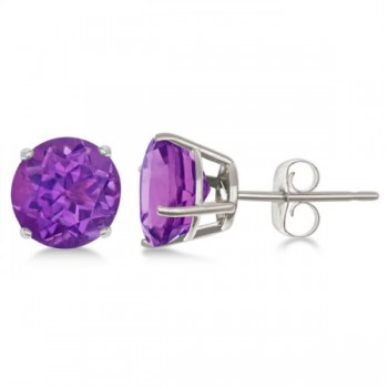 Purple Amethyst Stud Earrings Sterling Silver Prong Set (2.60ct)