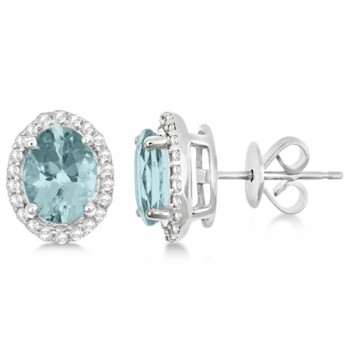 Oval Aquamarine & Diamond Halo Stud Earrings Sterling Silver 2.32ct