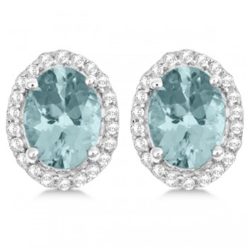Oval Aquamarine & Diamond Halo Stud Earrings Sterling Silver 2.32ct