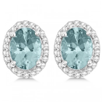 Oval Aquamarine & Diamond Halo Stud Earrings Sterling Silver 2.32ct