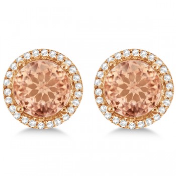 Round Morganite & Diamond Halo Stud Earrings 14k Rose Gold 2.66ct