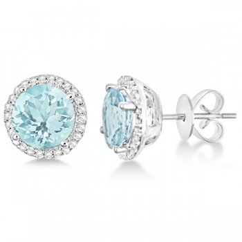 Round Aquamarine & Diamond Halo Stud Earrings Sterling Silver 2.66ct