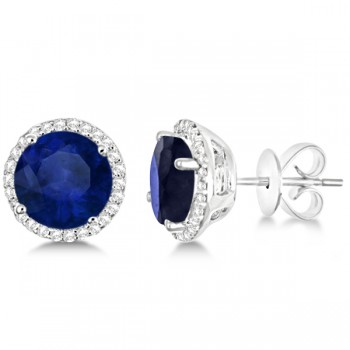 Round Sapphire & Diamond Halo Stud Earrings Sterling Silver 3.36ct