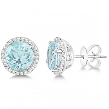 Round Aquamarine & Diamond Halo Stud Earrings 14k White Gold 2.66ct