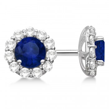 Halo Blue Sapphire & Diamond Stud Earrings 14kt White Gold 2.62ct.