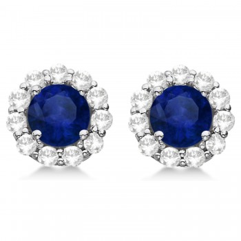 Halo Blue Sapphire & Diamond Stud Earrings 14kt White Gold 2.62ct.