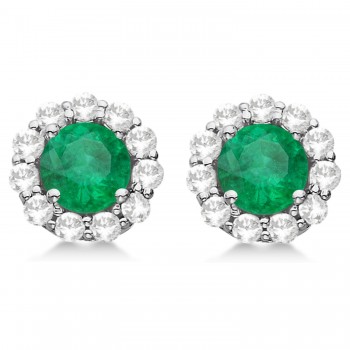 Halo Emerald & Diamond Stud Earrings 14kt White Gold 2.12ct.