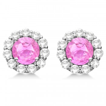 Halo Pink Sapphire & Diamond Stud Earrings 14kt White Gold 2.62ct.