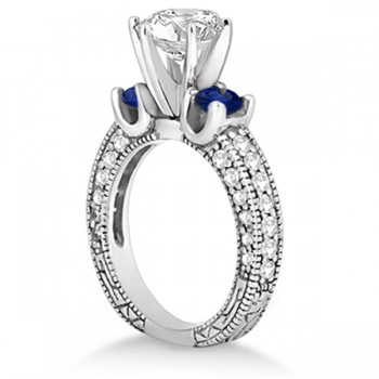 Lab Blue Sapphire & Lab Diamond 3-Stone Engagement Ring 14k White Gold 1.06ct