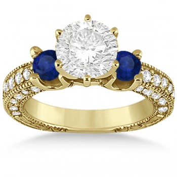 Lab Blue Sapphire & Lab Diamond 3-Stone Engagement Ring 14k Yellow Gold 1.06ct