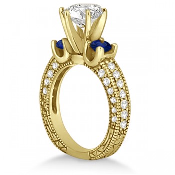 Lab Blue Sapphire & Lab Diamond 3-Stone Engagement Ring 14k Yellow Gold 1.06ct