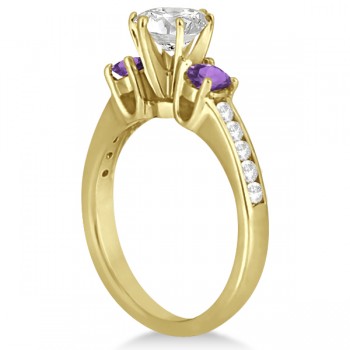 Three-Stone Amethyst & Diamond Engagement Ring 18k Yellow Gold 0.45ct