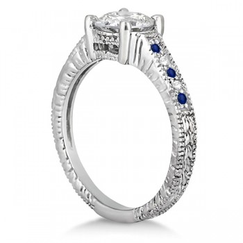 Vintage Blue Sapphire & Diamond Engagement Ring 14k White Gold 0.31ct