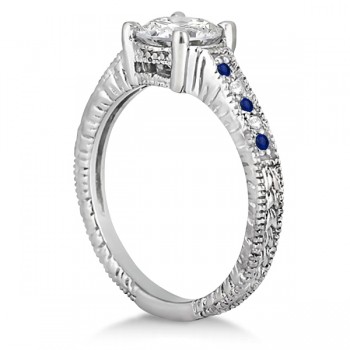 Vintage Blue Sapphire & Diamond Engagement Ring 14k White Gold 0.31ct