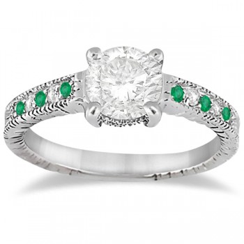 Vintage Emerald & Diamond Engagement Ring 14k White Gold 0.29ct