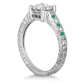 Vintage Emerald & Diamond Engagement Ring 14k White Gold 0.29ct