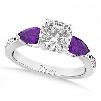 Cushion Diamond & Pear Amethyst Engagement Ring in Platinum (1.29ct)