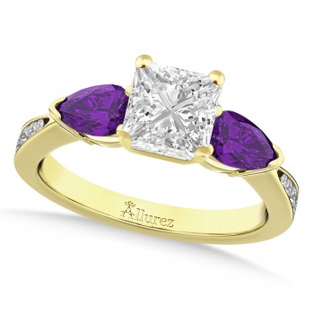 Princess Diamond & Pear Amethyst Engagement Ring 18k Yellow Gold (1.29ct)